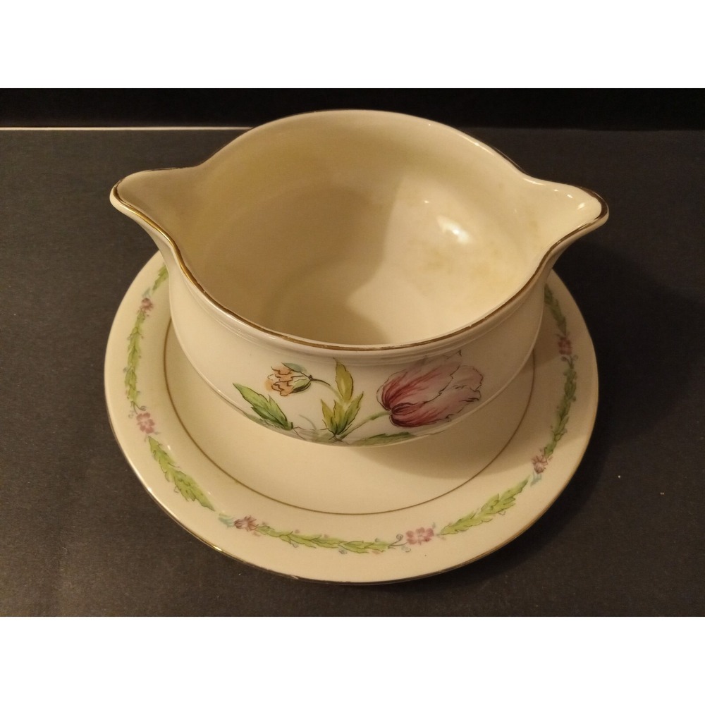 Theodore Haviland New York Garden Flower Gravy Boat WITH ATTACHED UNDERPLATE